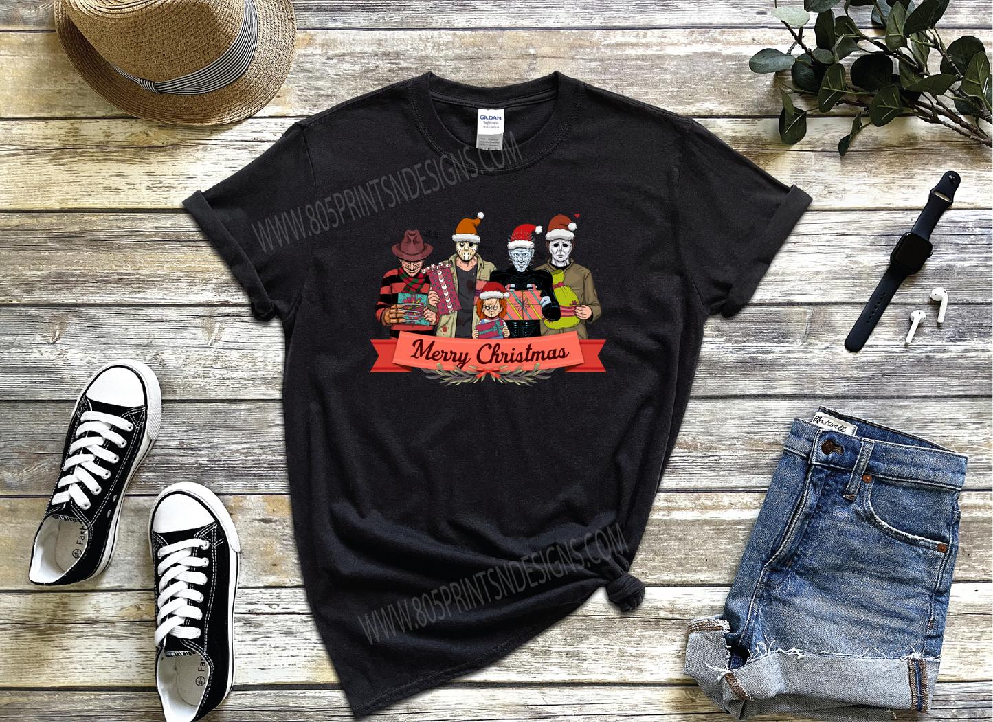 Merry Christmas Horror Characters Funny Black or White Color T-shirt