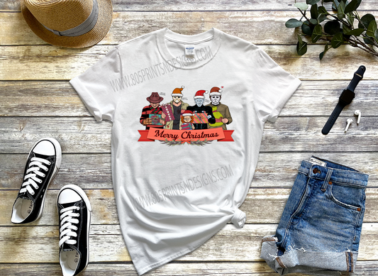 Merry Christmas Horror Characters Funny Black or White Color T-shirt