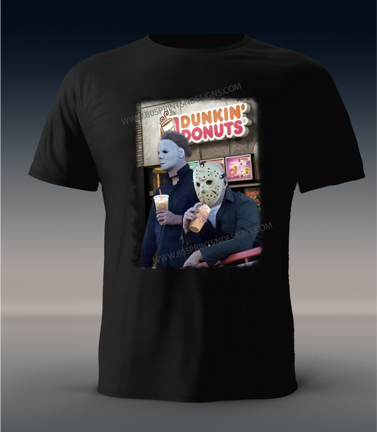 Dunkin Donuts Jason and Michael Drinking Coffee - T-shirt, Michael Myers