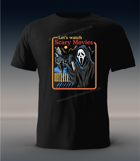 Halloween Retro Style - Let's Watch Scary Movies Black T-shirt, Ghostface