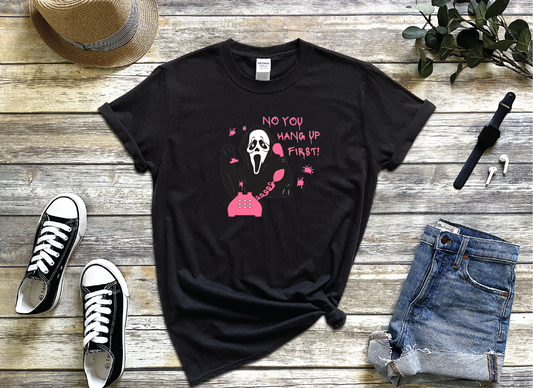 Horror Scream Ghostface/No You Hang Up First Pink Design  Black Color T-shirt