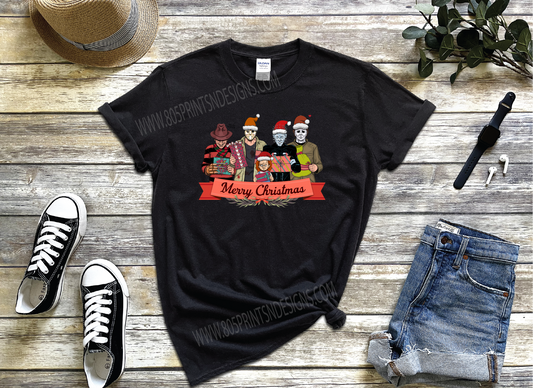 Merry Christmas  Horror Characters Funny  Black or White Color T-shirt